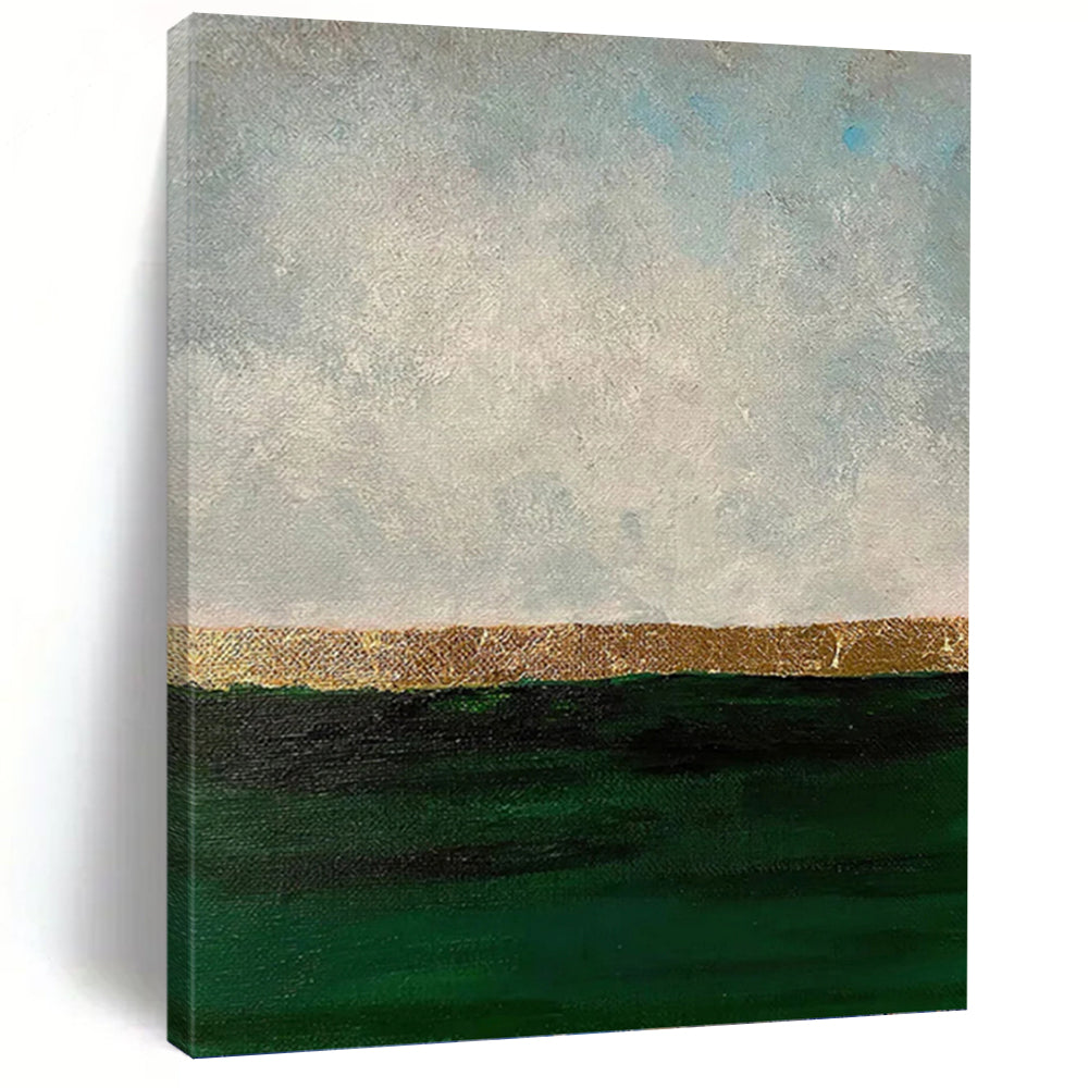 “Gold Horizon Over Green Sea” - Gray, Gold & Green Abstract Seascape Painting On Canvas DKH1206