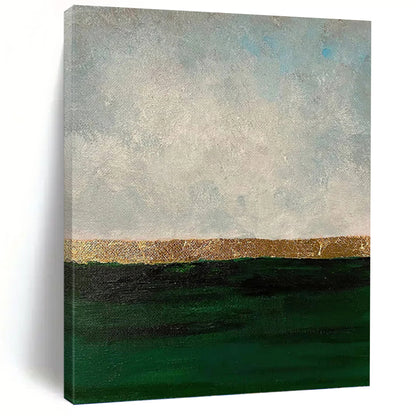 “Gold Horizon Over Green Sea” - Gray, Gold & Green Abstract Seascape Painting On Canvas DKH1206