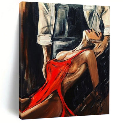 “Red - Dressed Woman Figurative Scene” - Sensual Figurative Painting On Canvas DKH1611