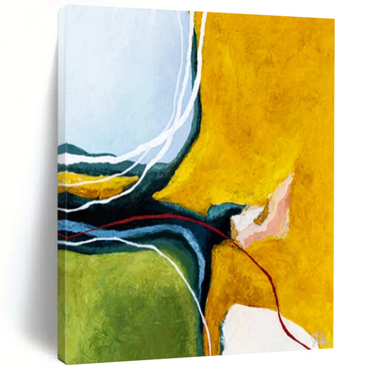 “Color Block Abstract - Yellows, Greens, and Intricate Lines” Painting On Canvas CT2387