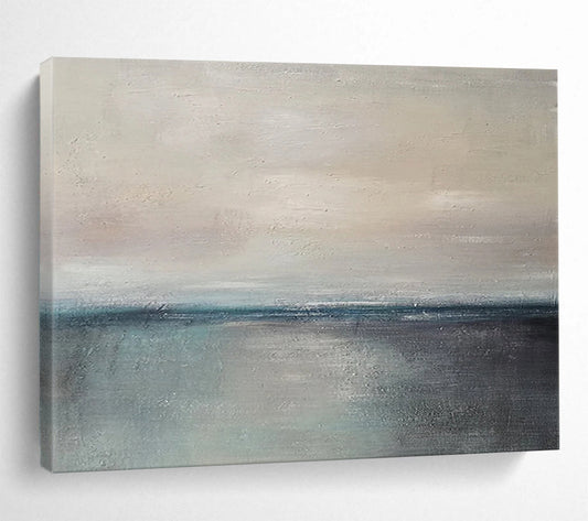 “Gray, Blue, Minimalist Horizon ‘Quiet Sea’” - Minimalist Seascape Painting On Canvas DLZ028