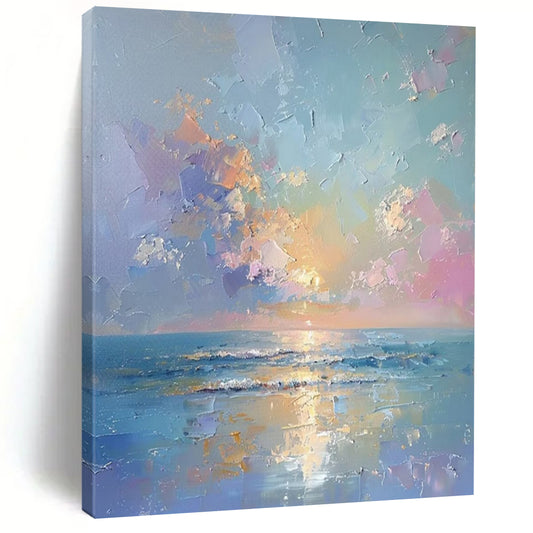 “Pastel Sea Sunset” - Blue, Pink & Orange Seaside Sunset Painting On Canvas CT2202