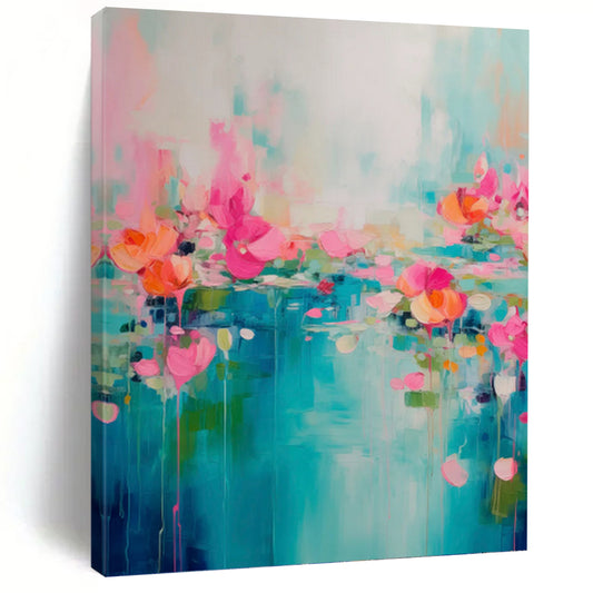 “Turquoise, Pink & Orange Floral Abstract Drip” Painting On Canvas DKH0993