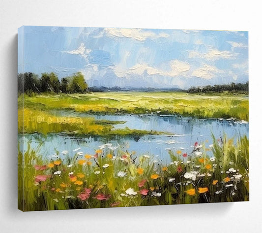Colorful Meadow and Lake Landscape Painting On Canvas DKH271