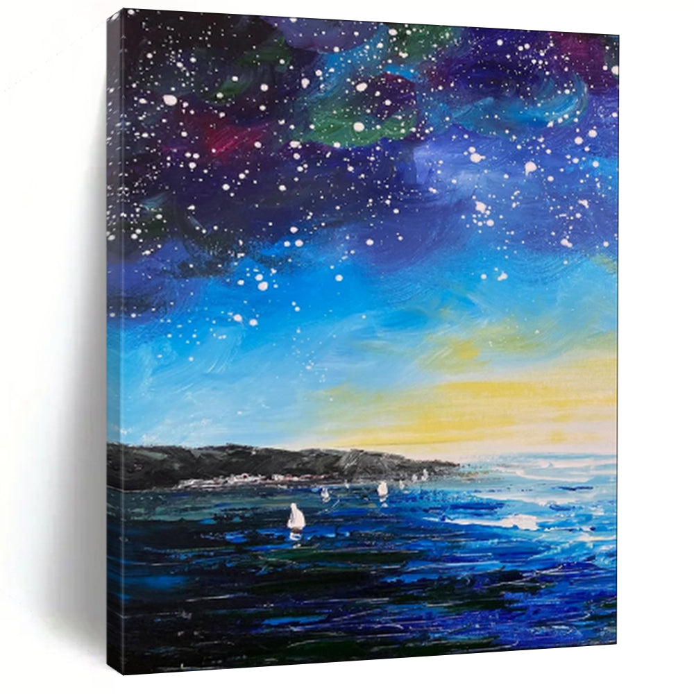 “Starry Night by the Sea: Impressionist Celestial Landscape” - Impasto Oil on Canvas CT1901
