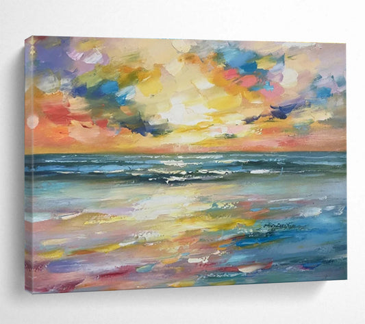 Rainbow - Hued Sunset and Ocean “Spectral Seaside Splendor” Painting On Canvas DKH117