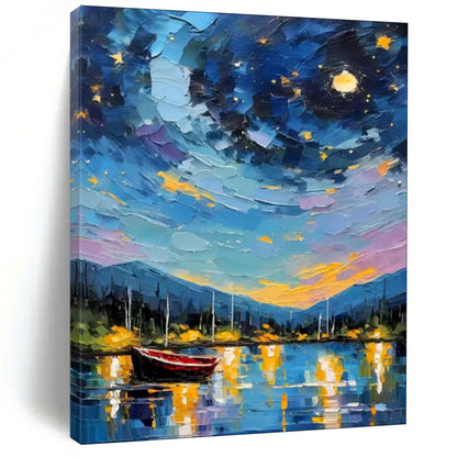 “Starry Night Harbor” - Impasto Landscape Oil on Canvas CT1886