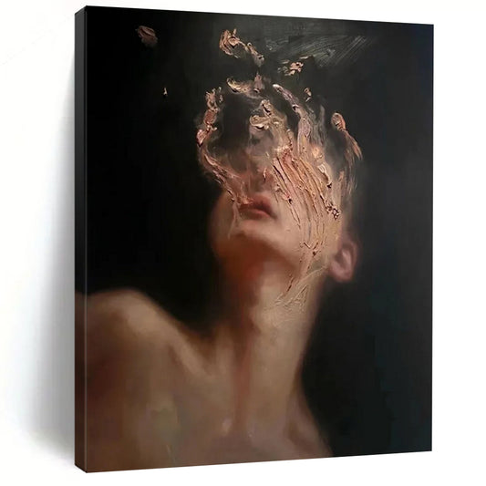 “Black, Beige, Gold Abstract Portrait ‘Ethereal Face’” - Textured Figurative Painting On Canvas DTP315