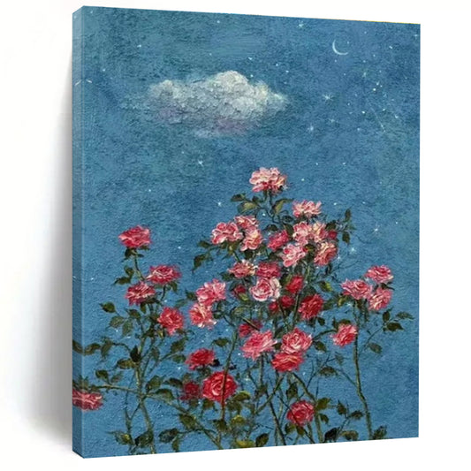 Blue Sky, Stars, Cloud, Moon & Pink Roses - "Starry Rose Garden" - Impressionistic Oil Painting CT1454