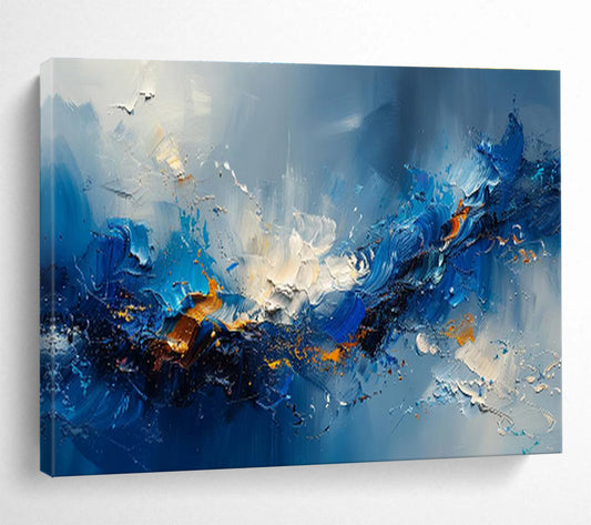 “Blue Surge” - Blue, White, Orange Abstract Action Painting On Canvas DKH704