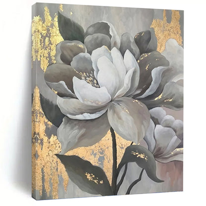 “Elegant Gray & Gold Flowers” - Modern Floral Painting On Canvas DKH1620