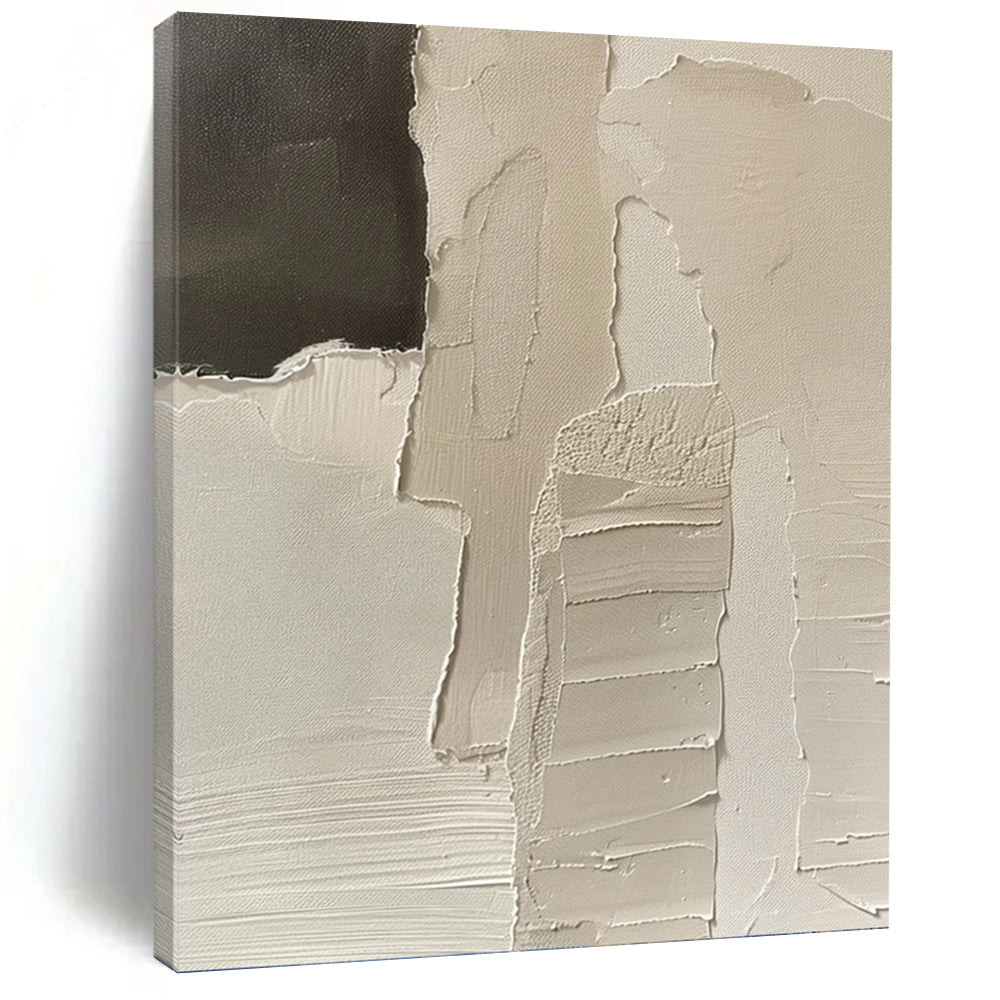 “White Fragmented Story” - White & Black Textured Shapes Painting On Canvas DKH1162