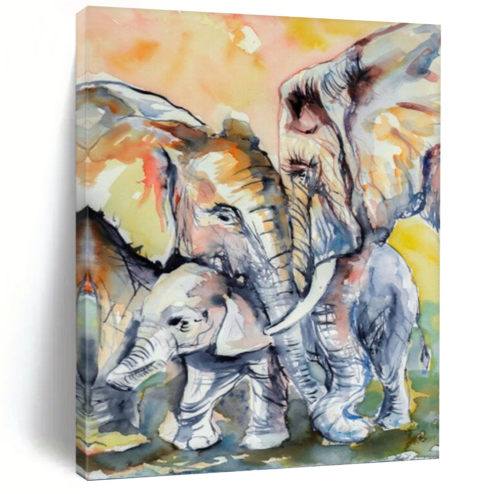 “Watercolor Elephant Herd” - Family - Themed Watercolor Painting On Canvas DKH1646