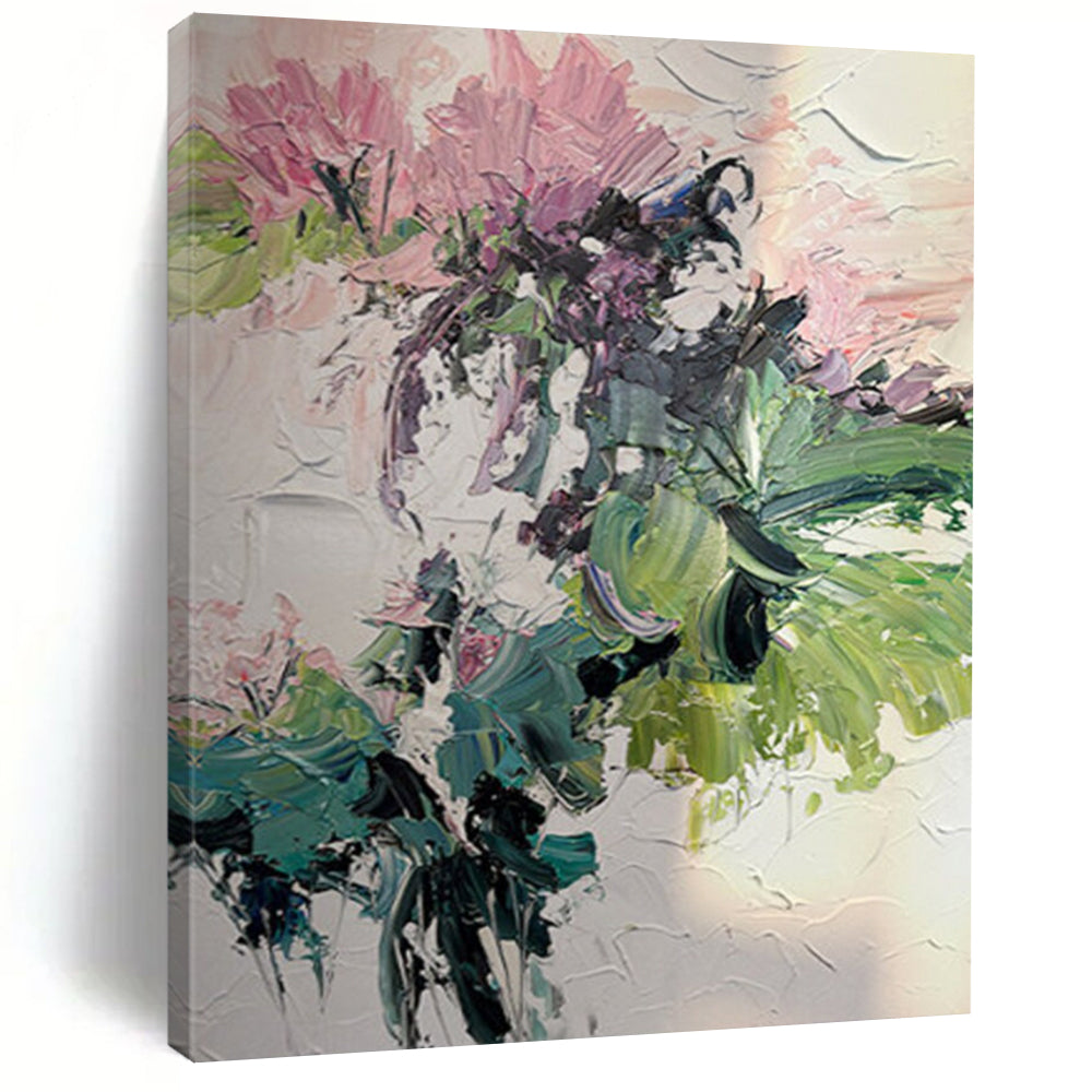 “Pink - Green Floral Impasto” - Pink, Green Flower Bouquet Painting On Canvas DTP271