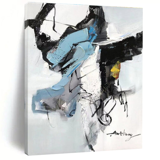 Blue, Black, White, Yellow & Gray Abstract Forms, “Energetic Balance” - Impasto Abstract Painting CT0782