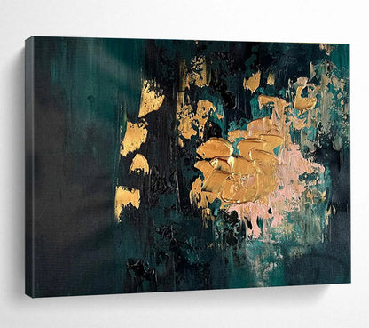 Teal and Gold Accents Dark Toned Abstract with Metallic Highlights Painting On Canvas DKH262
