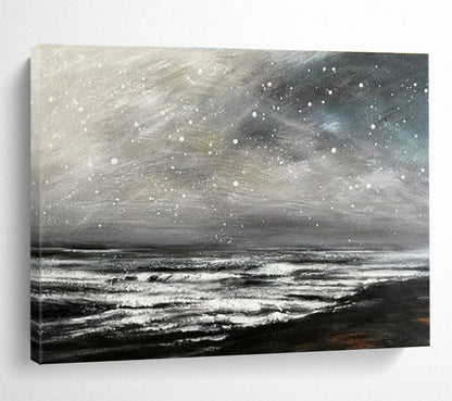 Black and White Starry Ocean “Nocturnal Wave Symphony” Painting On Canvas DKH109