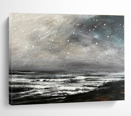 Black and White Starry Ocean “Nocturnal Wave Symphony” Painting On Canvas DKH109