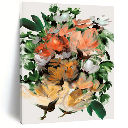“Lush Floral Bouquet” - Orange, Green, White Abstract Painting On Canvas DTP217