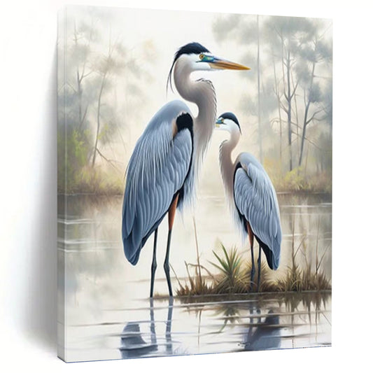 Blue Herons in Misty Marsh - Realistic Wildlife Painting On Canvas DKH1400