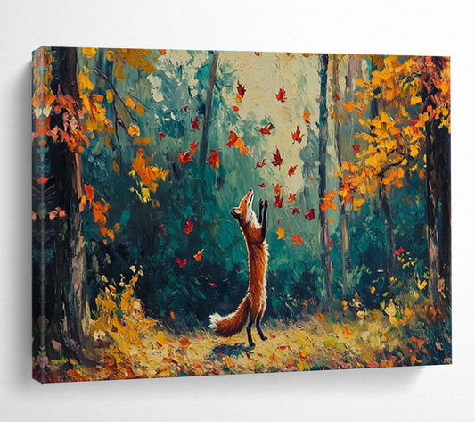 “Autumn Fox Frolic” - Orange, Yellow, Red Forest & Animal Oil Painting On Canvas DKH701