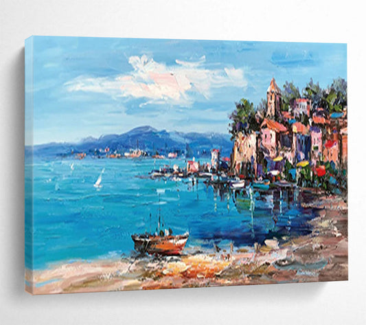 Colorful Coastal Village - Impressionist Seascape Painting On Canvas DLZ230