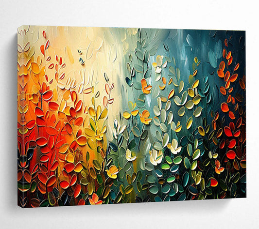 “Textured Foliage Symphony” - Multicolor, 3D - like Leaf Impasto Painting On Canvas DKH711