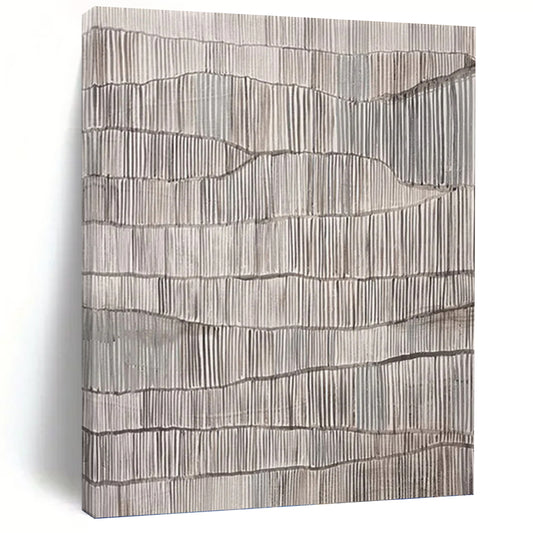 “Repetitive Gray Ridges” - Gray & White Minimalist Textured Painting On Canvas DKH1034