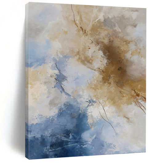 “Blue & Beige Abstract Clouds” - Blue, Beige & White Airy Painting On Canvas DKH1020