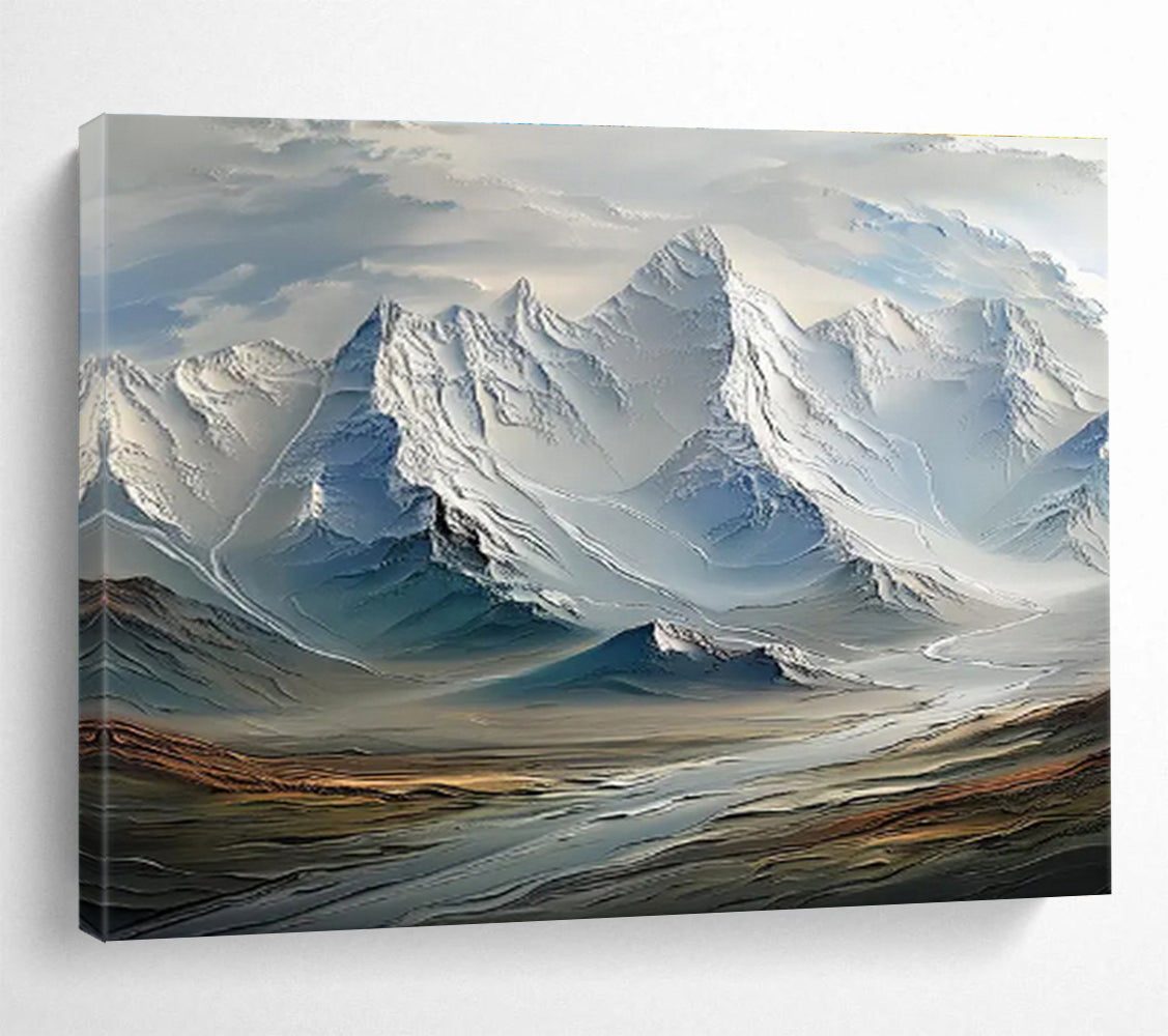 “Snowy Mountain Majesty” - White, Blue, Gray Landscape Digital - style Painting On Canvas DKH728