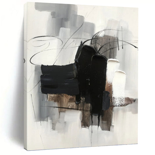 Black, Gray, and White Abstraction - Abstract Expressionist Painting On Canvas DKH1275