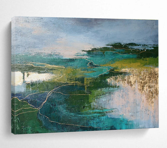 “Teal - Green Abstract Landscape with Gold Veins” Abstract Acrylic Painting On Canvas DKH505