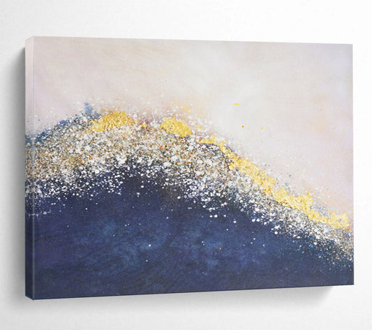 “Gilded Ocean Wave” - Navy, Gold & White Textured Abstract Painting On Canvas DLZ268