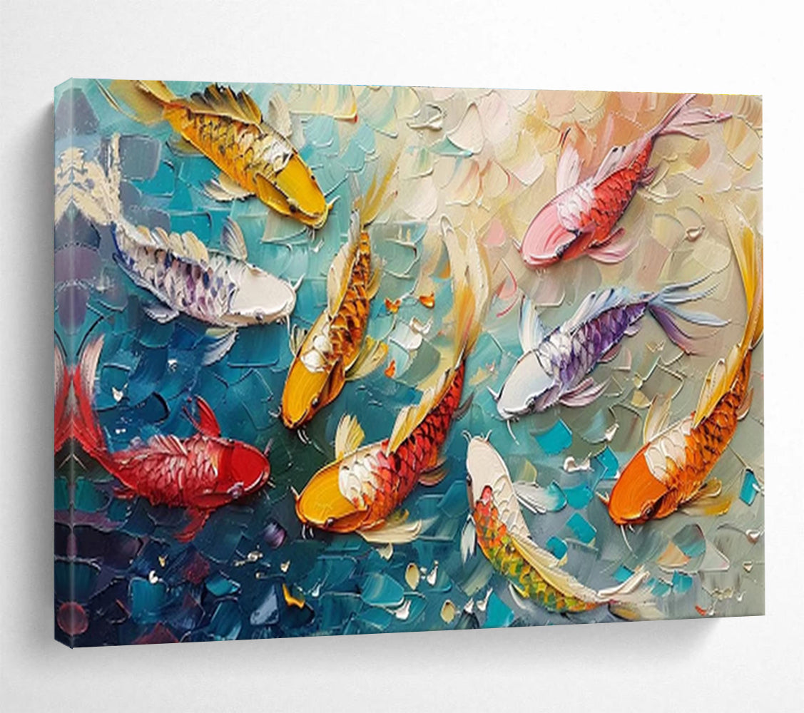 “Koi Celebration” - Colorful, Textured Fish & Water Impasto Painting On Canvas DKH705