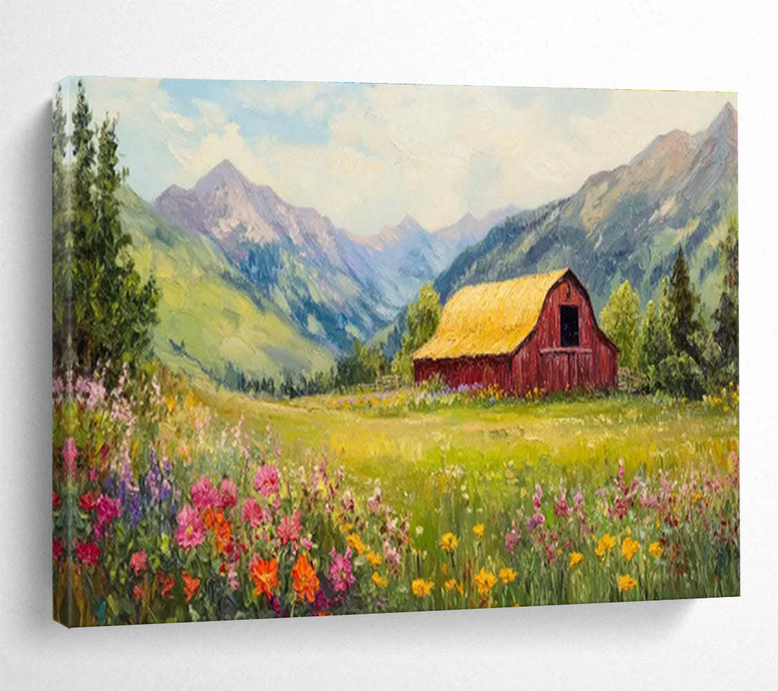 “Mountain Barn Paradise” - Green, Yellow, Pink Landscape Oil Painting On Canvas DKH727
