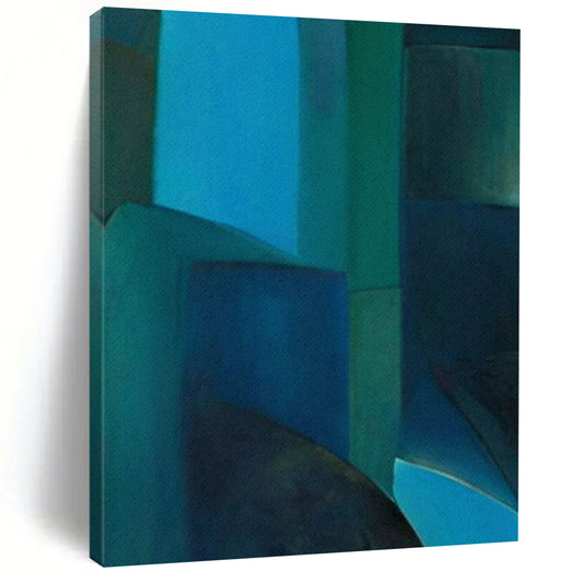 Blue & Green Geometric Abstraction - Cubist - Style Painting On Canvas CT2255