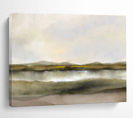 “Muted Tones: Tranquil Lake & Hills” Minimalist Landscape Painting On Canvas DKH361