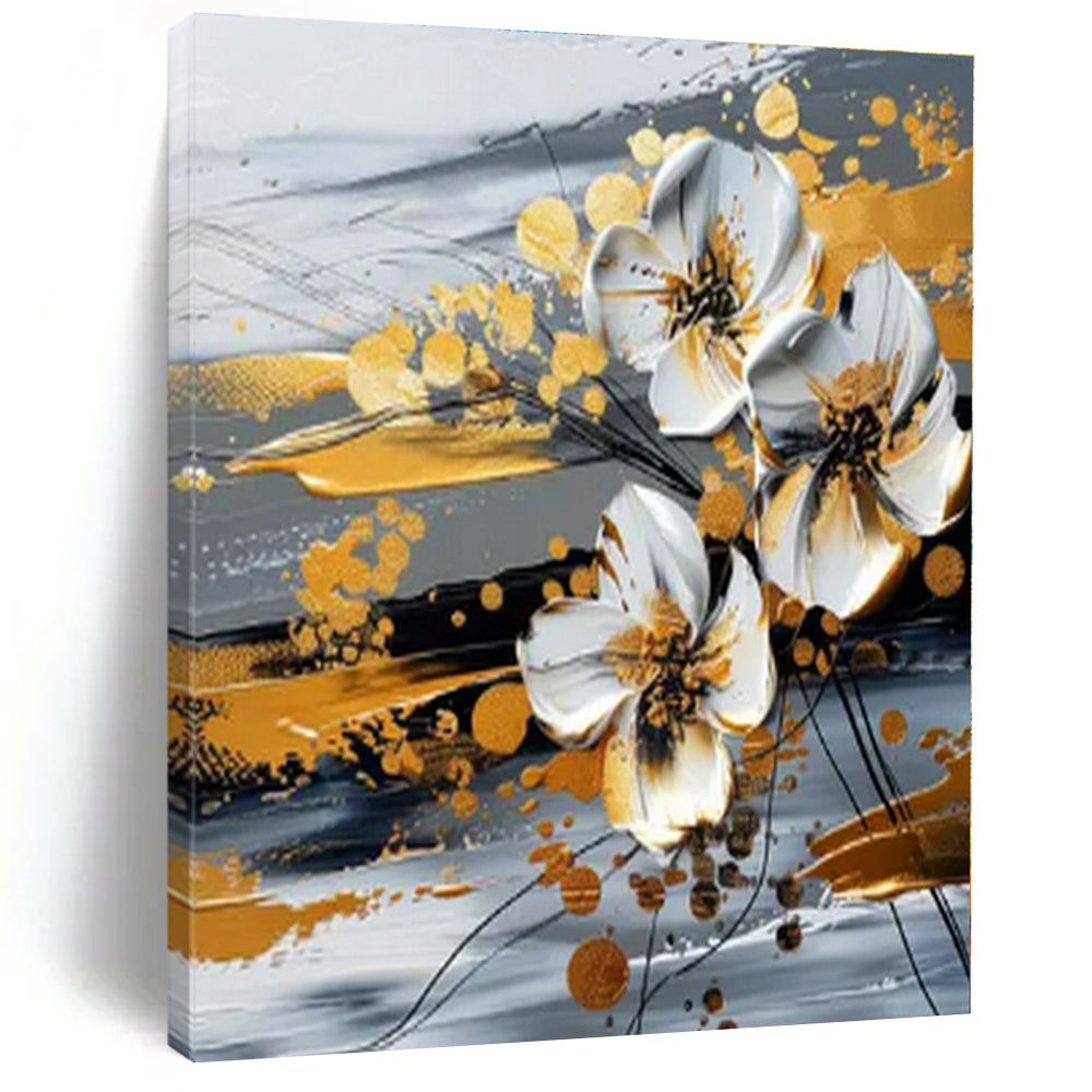 Gold - Accented White Flowers - Abstract Floral Mixed - Media CT1254