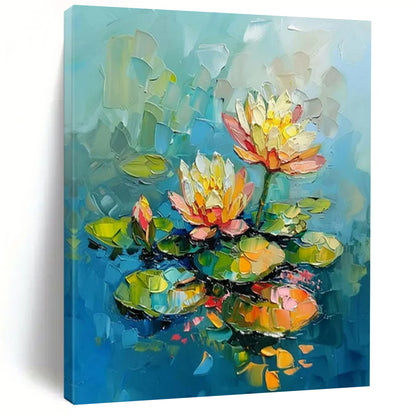 “Water Lilies” - Colorful Impasto Floral Painting On Canvas CT2240