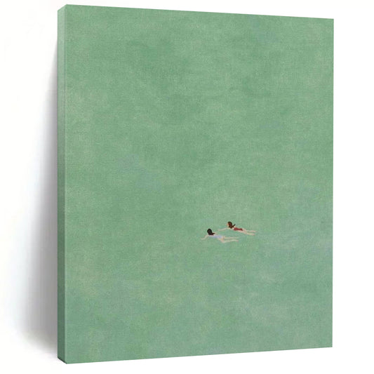 “Two Swimmers in Green” - Green, Blue, Red Minimalist Figurative Painting On Canvas DTP305