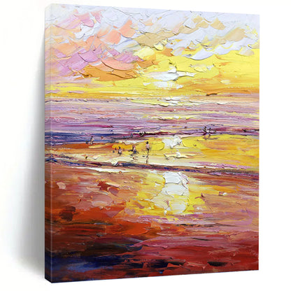 Vibrant Sunset Beach in Warm Hues - Impressionistic Landscape Painting On Canvas DKH1306