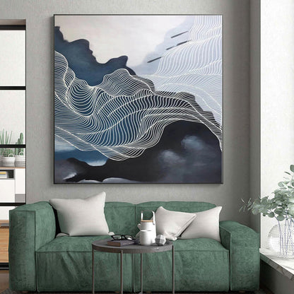 “Dark and Light Wavy White Lines”，Contrast - Focused Abstract Painting CT0358
