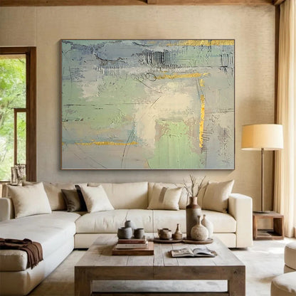 “Grey - Green Abstract with Gold Details”，Textured Abstract Painting CT0374