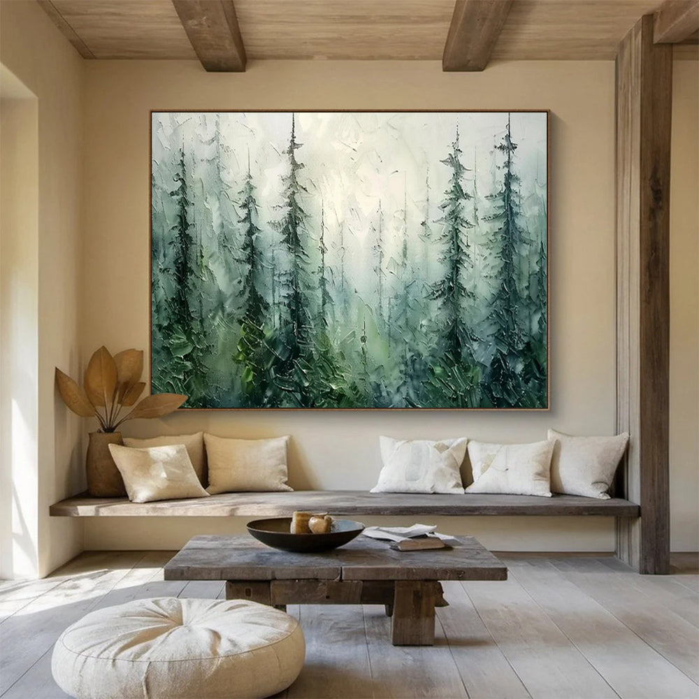 “Misty Forest Whispers” - Greens, blues, whites; textured, atmospheric forest scene CT1600