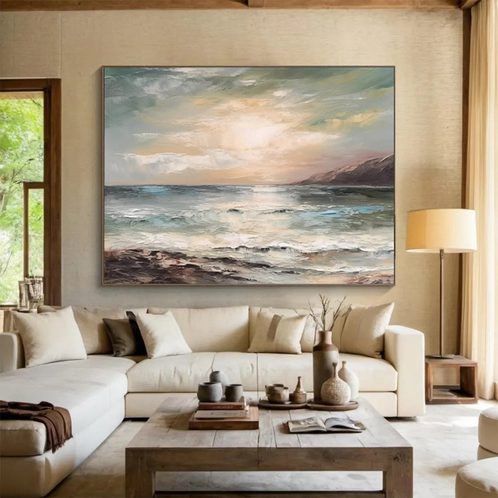 “Sunset Ocean View” - Hues of blue, green, beige, and warm sunset tones; a soft, painterly ocean under a glowing sky CT1546