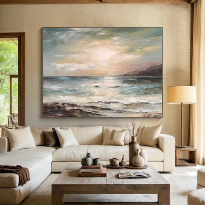 “Sunset Ocean View” - Hues of blue, green, beige, and warm sunset tones; a soft, painterly ocean under a glowing sky CT1546