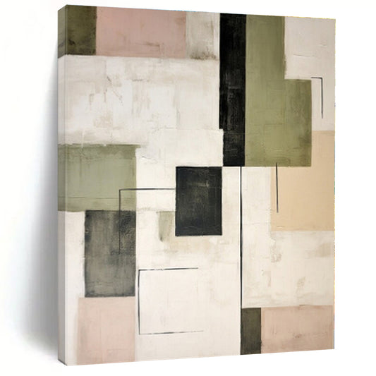 “Geometric Mix of Green, Black & Pastels” - Abstract Modernist Painting CT0397