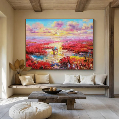 Pink Wetlands at Sunset with Boats - Romantic Oil Landscape CT1799