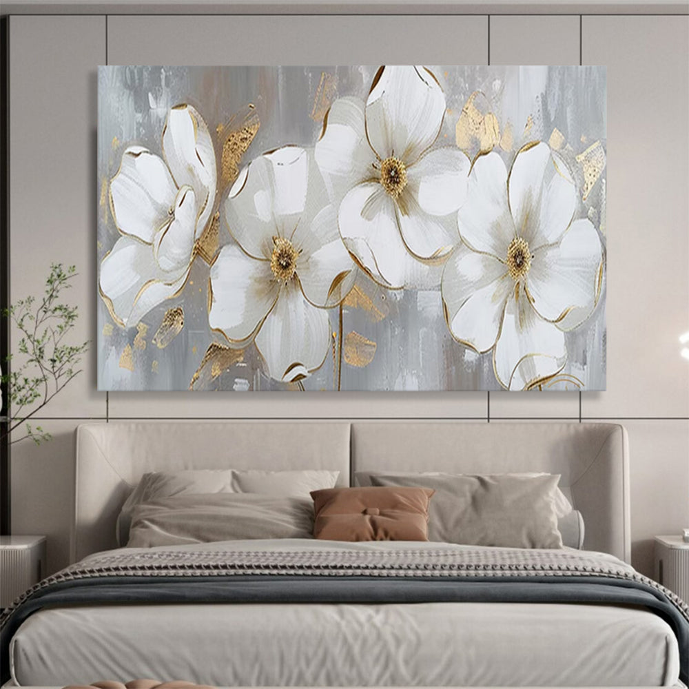 “Hand - painted White Flowers with Gold” - White flowers and gold accents on gray CT1653