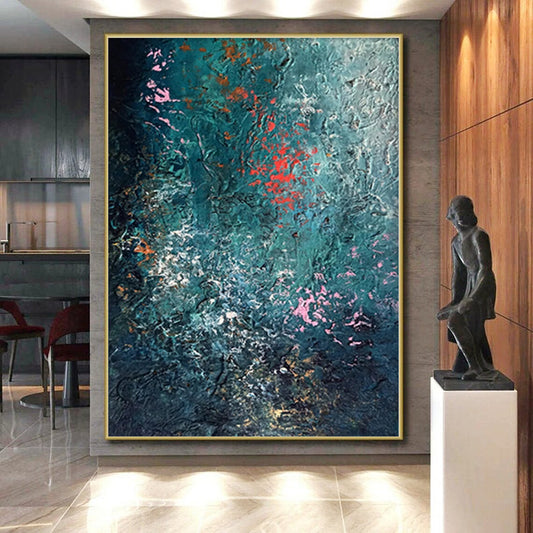 “Deep Sea Sparkle” - Abstract Painting with Teal Background, Pink and Orange Flecks CT0002
